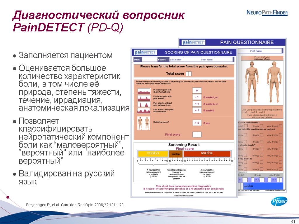 31 Диагностический вопросник PainDETECT (PD-Q) Заполняется пациентом Оценивается большое количество характеристик боли, в том